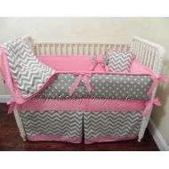 BabyBeddingbyJBD Custom Baby Bedding Set Paige - Girl Crib Bedding, Gray Chevron and Polka Dots with Medium Pink
