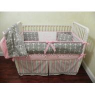 BabyBeddingbyJBD Custom Nautical Baby Bedding Set Salem - Girl Baby Bedding, Gray Anchors, Pink and Gray Chevron and Stripes