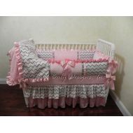BabyBeddingbyJBD Baby Crib Bedding Set Angelica - Baby Girl Bedding, Pink and Gray Chevron, Pink Satin