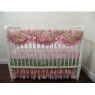 BabyBeddingbyJBD Bumperless Crib Bedding Set Paisley - Girl Baby Bedding, Crib Rail Cover, Ruffled Tiered Skirt, Paisley, Pink, and Green Baby Bedding