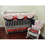 /BabyBeddingbyJBD Baby Girl Bedding Set Josie - Girl Crib Bedding, Coral and Navy Baby Bedding, Scalloped Crib Rail Cover and 3 Tiered Skirt -