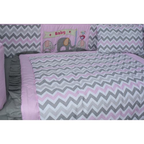  BabyFad Elephant Chevron Pink 10 Piece Baby Crib Bedding Set