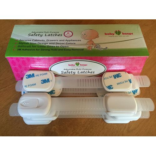  [아마존베스트]BabyKeeps Child Safety Locks - Latches to Baby Proof Cabinets, Drawers, Appliances - No Drilling - Plus Extra 3M Adhesive Included - Adjustable Length - 6 Pack, White