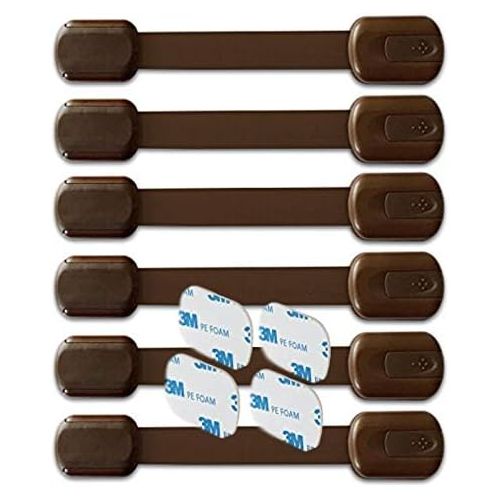  [아마존베스트]BabyKeeps Child Safety Locks - Latches to Baby Proof Cabinets, Drawers, Appliances - No Drilling - Plus Extra 3M Adhesive Included - Adjustable Length - 6 Pack, Brown