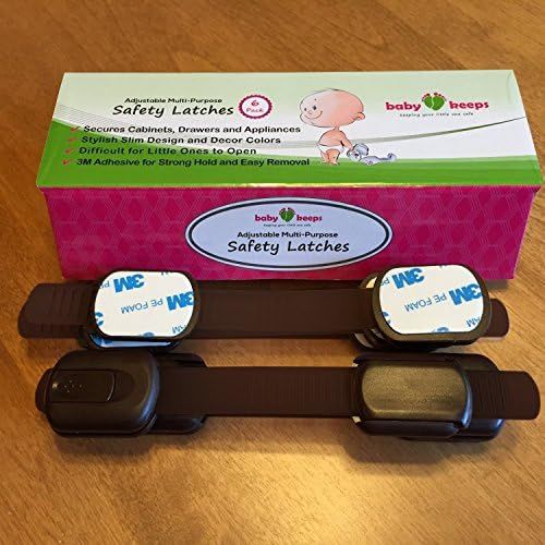  [아마존베스트]BabyKeeps Child Safety Locks - Latches to Baby Proof Cabinets, Drawers, Appliances - No Drilling - Plus Extra 3M Adhesive Included - Adjustable Length - 6 Pack, Brown