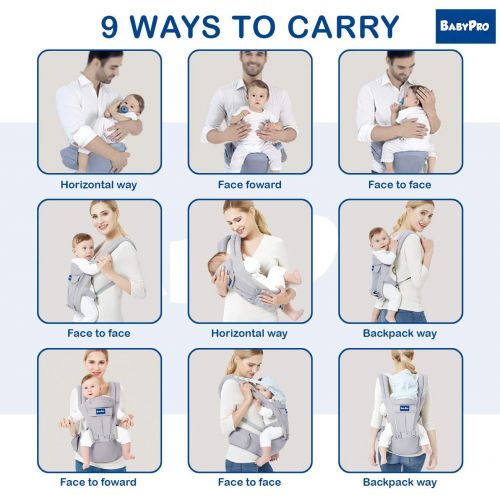  BabyPro 360 Baby Carrier with Hip Seat, 9 Ergonomic & Safe Positions for Newborns Infants & Toddlers, Truly Hands Free Front and Back Carrier Perfect for Traveling, Hiking and Easy