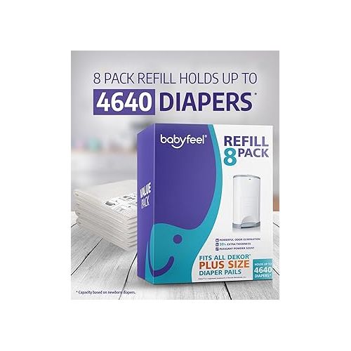  Refills for DEKOR PLUS Diaper Pails, 8 Pack, Exclusive 30% Extra Thickness, Fresh Powder Scent, Holds up to 4640 Diapers