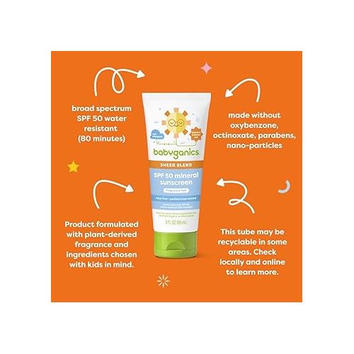 베이비가닉스 Babyganics SPF 50 Mineral Sunscreen Lotion, Sheer Blend, UVA UVB Protection, Octinoxate & Oxybenzone Free, Water Resistant, Fragrance Free, 8 oz