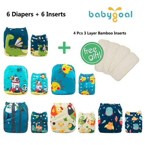  [아마존베스트]Babygoal Baby Cloth Diapers Washable Pocket Nappy, 6pcs Cloth Diapers+6 Inserts+4pcs Bamboo Inserts,Boy Color 6FB15