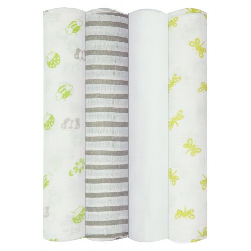  Babykin Organic Cotton Muslin Swaddle Blankets, Bugs Life (Lime), 4 Piece Pack