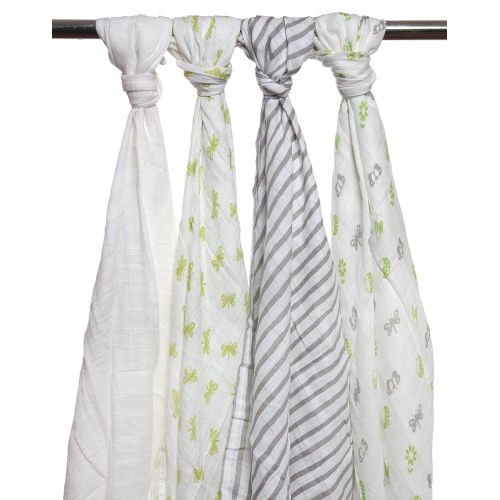  Babykin Organic Cotton Muslin Swaddle Blankets, Bugs Life (Lime), 4 Piece Pack