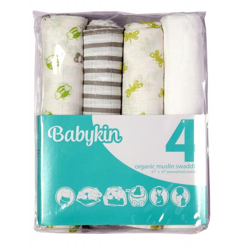  Babykin Organic Cotton Muslin Swaddle Blankets, Bugs Life (Lime), 4 Piece Pack