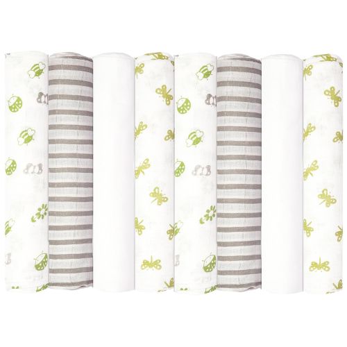  Babykin Organic Cotton Muslin Swaddle Blankets, Bugs Life (Lime), 8 Piece Pack