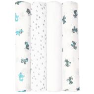 Babykin Organic Cotton Muslin Swaddle Blankets, Blue Farm Animals, 4 Piece Pack