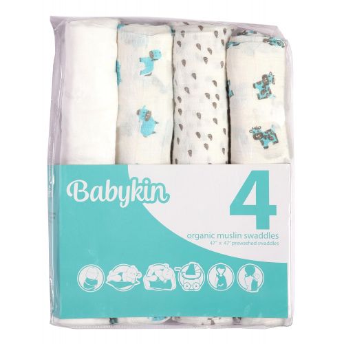  Babykin Organic Cotton Muslin Swaddle Blankets, Blue Farm Animals, 4 Piece Pack