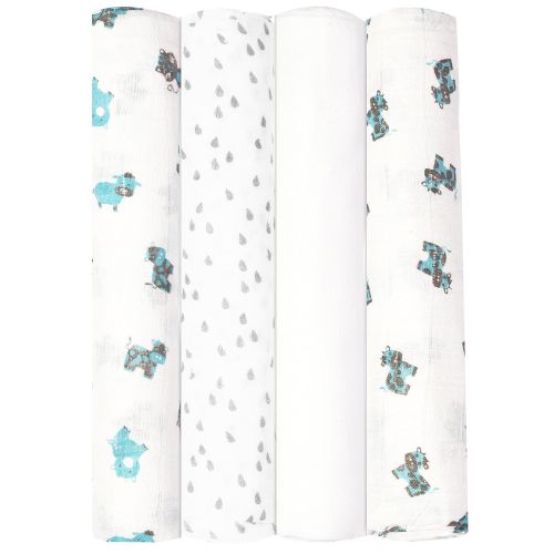  Babykin Organic Cotton Muslin Swaddle Blankets, Blue Farm Animals, 4 Piece Pack