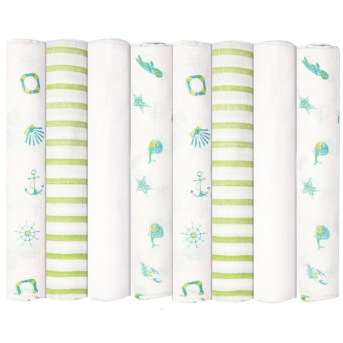  Babykin Organic Cotton Muslin Swaddle Blankets, Nautical Fun, 8 Piece Pack