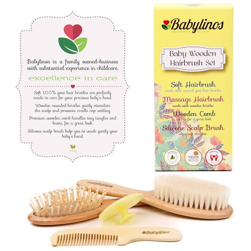  [아마존베스트]Babylinos 4 Piece Baby Hair Brush Set with Natural Hair Products: Baby Brush, Cradle Cap and Baby Comb | Baby...