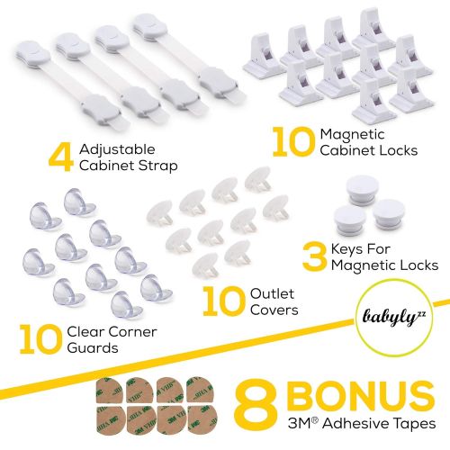  [아마존베스트]Babylyzz Complete Baby Proofing Kit  Easy Install, Super 3M Adhesive 10 Magnetic Cabinet Locks, 3 Keys, 10 Clear Corner Protectors, 10 Outlet Covers & 4 Cabinet Door Latches, No Drill Requ