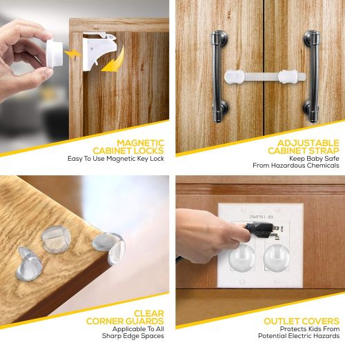  [아마존베스트]Babylyzz Complete Baby Proofing Kit  Easy Install, Super 3M Adhesive 10 Magnetic Cabinet Locks, 3 Keys, 10 Clear Corner Protectors, 10 Outlet Covers & 4 Cabinet Door Latches, No Drill Requ