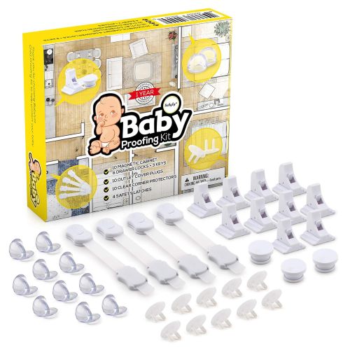  [아마존베스트]Babylyzz Complete Baby Proofing Kit  Easy Install, Super 3M Adhesive 10 Magnetic Cabinet Locks, 3 Keys, 10 Clear Corner Protectors, 10 Outlet Covers & 4 Cabinet Door Latches, No Drill Requ