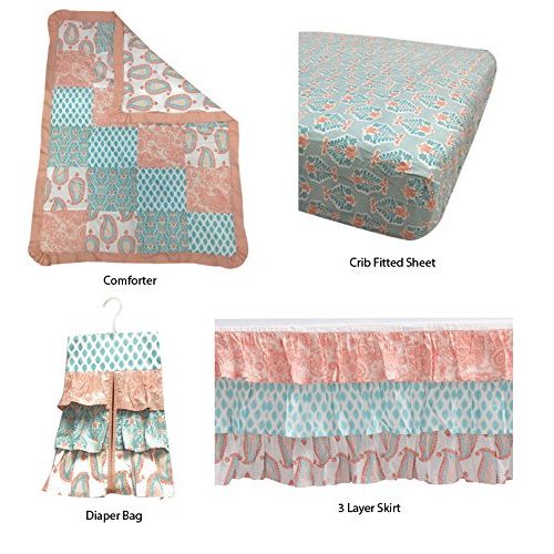  Bacati - Sophia Paisley 10 Pc Girls Crib Baby Bedding Set Including Crib Rail Guard 100 Percent Cotton. (Coral/Aqua)