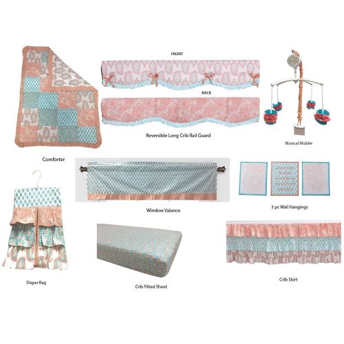  Bacati - Sophia Paisley 10 Pc Girls Crib Baby Bedding Set Including Crib Rail Guard 100 Percent Cotton. (Coral/Aqua)