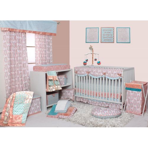  Bacati - Sophia Paisley 10 Pc Girls Crib Baby Bedding Set Including Crib Rail Guard 100 Percent Cotton. (Coral/Aqua)