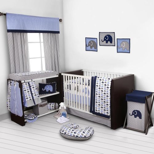  Bacati 10-Piece Elephants Nursery-in-A-Bag Crib Bedding Set with Long Rail Guard, Blue/Grey