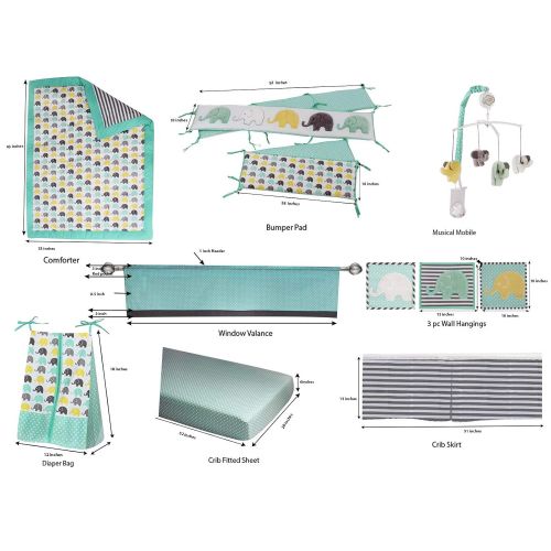  Bacati Elephants Unisex 10 Piece Nursery-in-A-Bag Crib Bedding Set with Bumper Pad, 100 Percent Cotton Percale for US Standard Cribs, Mint/Yellow/Grey