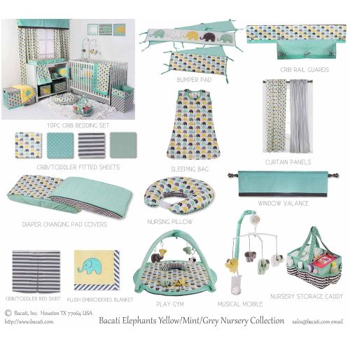  Bacati Elephants Unisex 10 Piece Nursery-in-A-Bag Crib Bedding Set with Bumper Pad, 100 Percent Cotton Percale for US Standard Cribs, Mint/Yellow/Grey