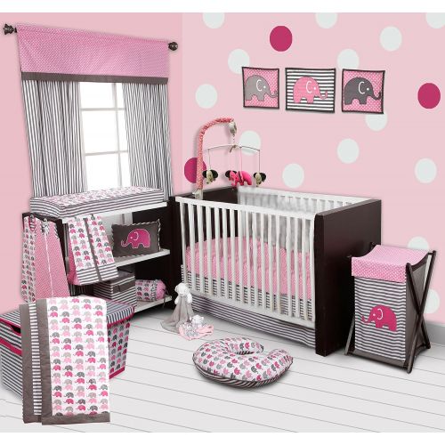  Bacati - Elephants Pink/Grey 10-Piece Nursery in a Bag Girls Crib Baby Bedding Set with 2 Crib Sheets 100% Cotton Fabrics