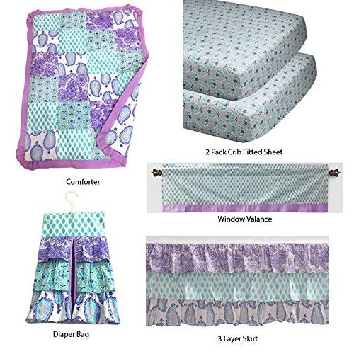  Bacati - Sophia Paisley Girls Crib Baby Bedding Set (Lilac/Purple/Aqua, 6 pc Crib Bedding Set)