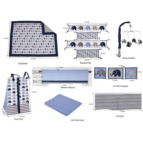  Bacati - Elephants Blue/Grey 10 Pc Boys Crib Baby Bedding Set Including Bumper Pad 100 Percent Cotton.