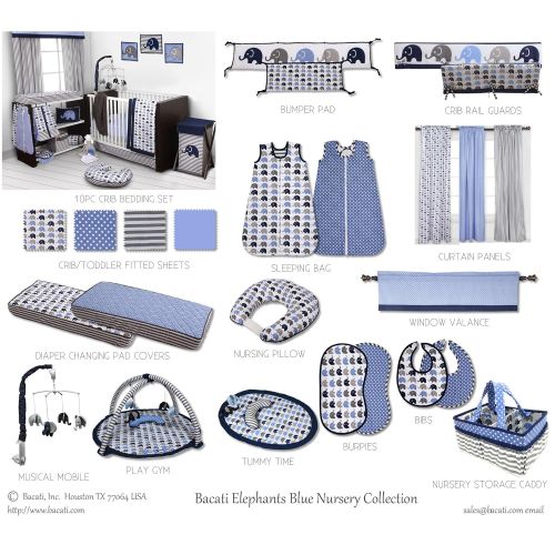  Bacati - Elephants Blue/Grey 10 Pc Boys Crib Baby Bedding Set Including Bumper Pad 100 Percent Cotton.