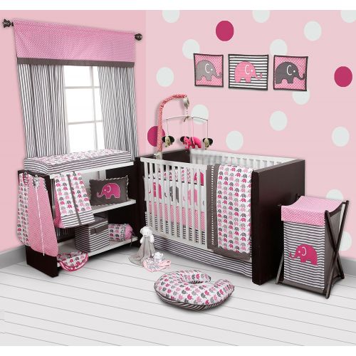 Bacati - Elephants Pink/Grey 10-Piece Nursery in a Bag Girls Baby Nursery Crib Bedding Set with Bumper Pad