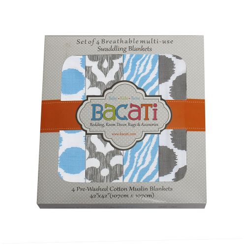  Bacati Ikat Blue/Grey Swaddling Muslin Blankets Set of 4