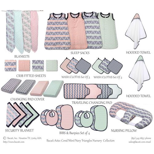  Bacati Feathers 100% Cotton 3 Piece Girls Crib Set with 4 Layer Lux Blanket/Fitted Sheet/Skirt, Buck Coral/Navy