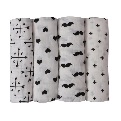  Bacati 4 Piece Love Multipurpose Muslin Squares Baby Swaddles, Black/White, 30 x 30