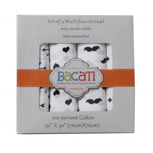  Bacati 4 Piece Love Multipurpose Muslin Squares Baby Swaddles, Black/White, 30 x 30