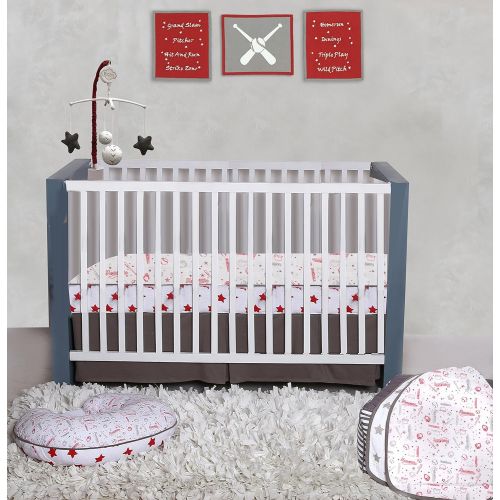  Bacati Baseball 100% Cotton 3 Piece Boys Crib Set with 4 Layer Lux Blanket/Fitted Sheet/Skirt, Red/Grey