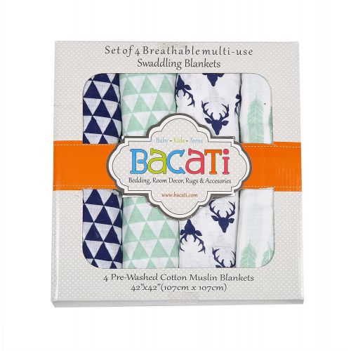  Bacati Noah Tribal Buck/Feathers/Triangles 4 Piece Cotton Muslin Swaddling Blankets, Aqua