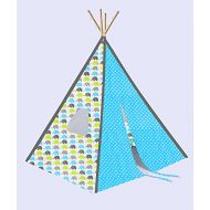 Bacati Elephants Unisex Teepee Tent for Kids, 100% Cotton Breathable Percale Fabric Cover, Aqua/Lime/Grey