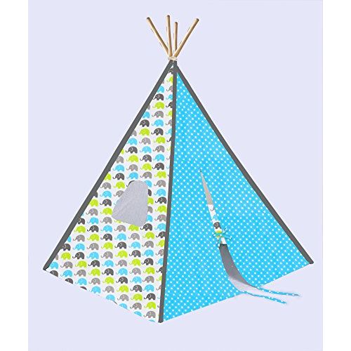  Bacati Elephants Unisex Teepee Tent for Kids, 100% Cotton Breathable Percale Fabric Cover, Aqua/Lime/Grey