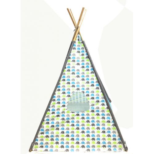  Bacati Elephants Unisex Teepee Tent for Kids, 100% Cotton Breathable Percale Fabric Cover, Aqua/Lime/Grey