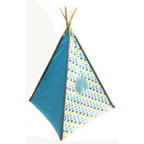  Bacati Elephants Unisex Teepee Tent for Kids, 100% Cotton Breathable Percale Fabric Cover, Aqua/Lime/Grey