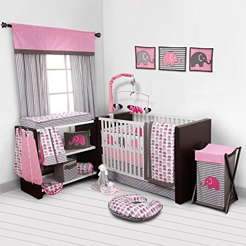  Bacati Elephants PinkGrey 10 pc crib set including Bumper Pad