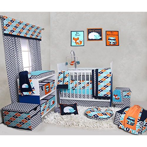  Bacati Liam Aztec 10 Piece Nursery-in-a-Bag Cotton Percale Crib Bedding Set with Bumper Pad, AquaOrangeNavy