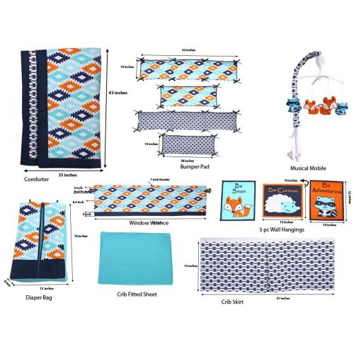  Bacati Liam Aztec 10 Piece Nursery-in-a-Bag Cotton Percale Crib Bedding Set with Bumper Pad, AquaOrangeNavy