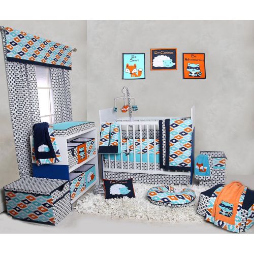  Bacati Liam Aztec 10 Piece Nursery-in-a-Bag Cotton Percale Crib Bedding Set with Bumper Pad, AquaOrangeNavy